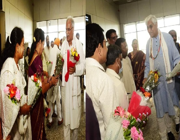 जगदलपुर पहुंचे सीएम और डिप्टी सीएम, एयरपोर्ट में किया गया आत्मीय स्वागत, कल विश्व आदिवासी दिवस कार्यक्रम में करेंगे शिरकत